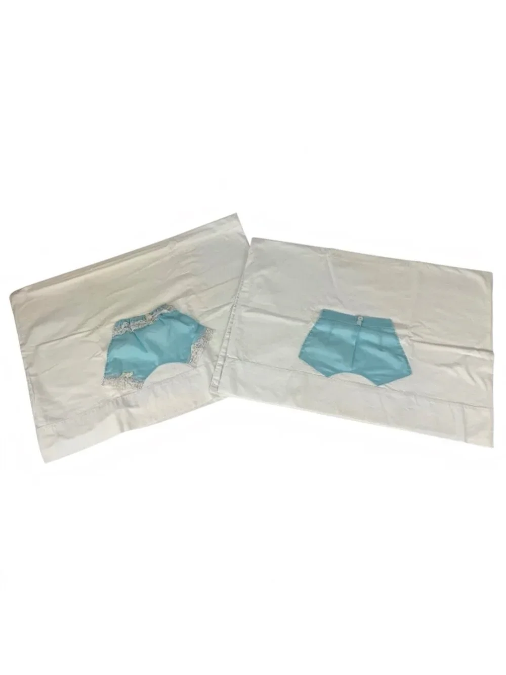 Vintage White Standard Pillowcase Pair Blue His & Hers Bloomers Appliqué